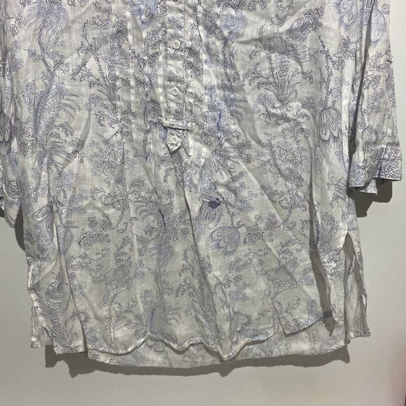 Malvin Women's White Blue Floral Print I Love Linen Button Up Blouse Size 8 - Picture 7 of 12